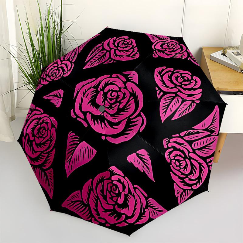 1pc Rose Pattern Automatic Folding Umbrella, Portable Collapsible Design, 8-Rib Iron Frame, All-Season Casual Outdoor Accessory yy250905077