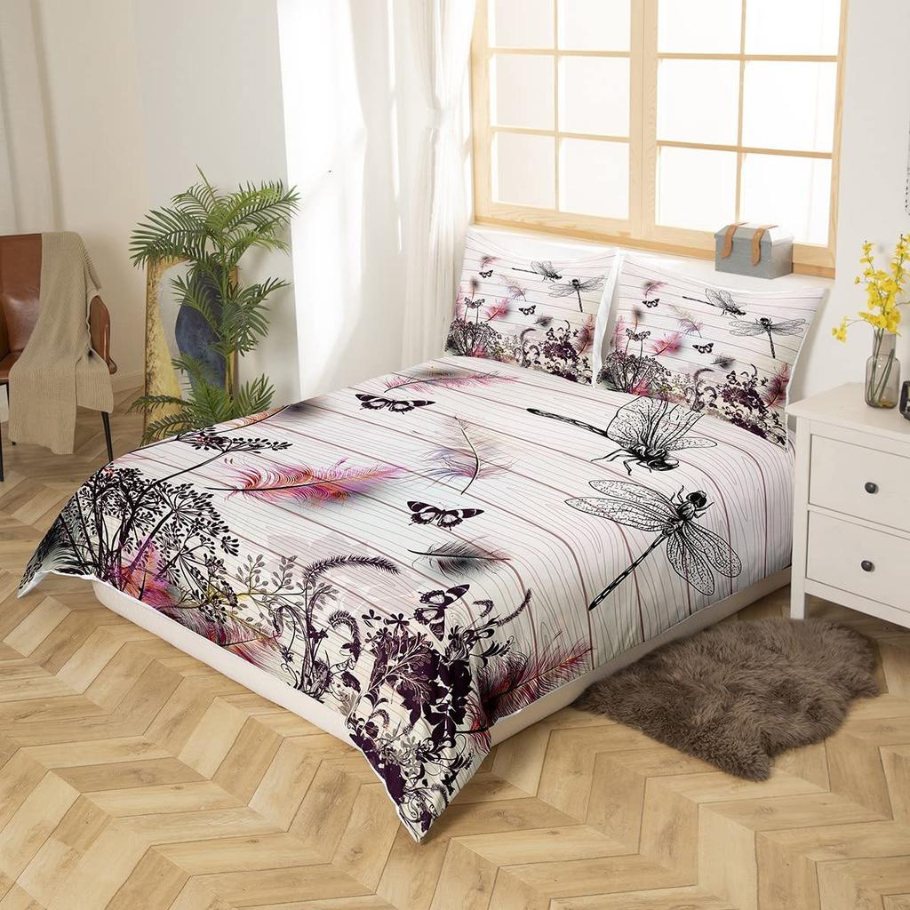 Dragonfly Quilt Cover Set Plant Flower Soft Comfortable Bedding Down Quilt Cover Three-Piece Set