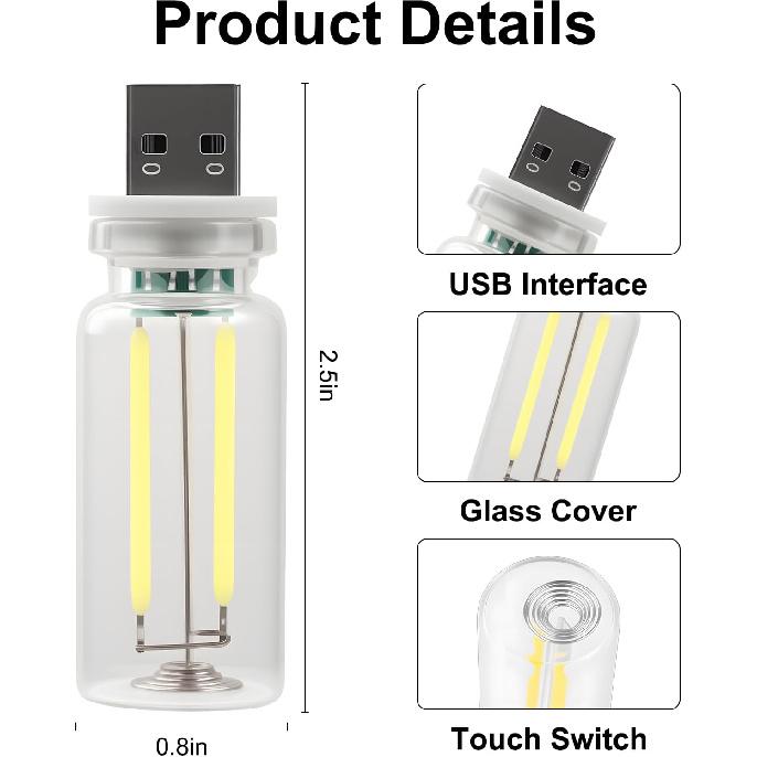 LYCARESUN 2 PCS Car USB Night Light Bulb, Touch Dimmable Car Interior Ambient Lights, Portable Mini USB Retro Glass Bottle Lamp Decorations for