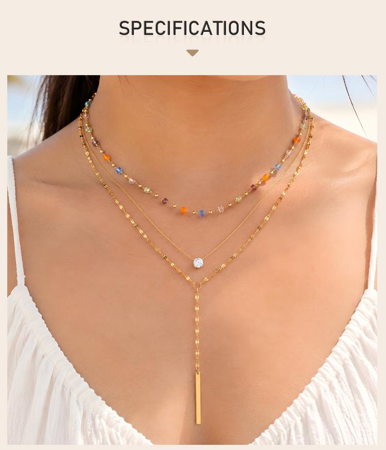 Luxury 18K Gold Plated Stackable Layered Lariat Necklace, Colorful Bead CZ Vertical Bar Dainty Jewelry Non Tarnish