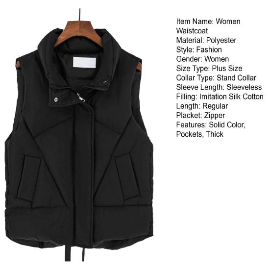 Women Autumn Winter Cotton Padded Waistcoat Stand Collar Sleeveless Vest Jacket Pockets Zipper Buttons Placket Windproof Warm Vest Coat
