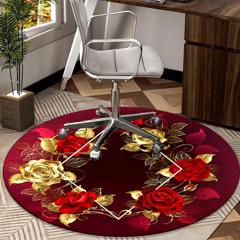 Golden Rose Wreath Design round carpet Chair cushion Round Entryway Rug, Soft Round Rugs for Living Room, Bedroom, Circle Carpet decor gifts