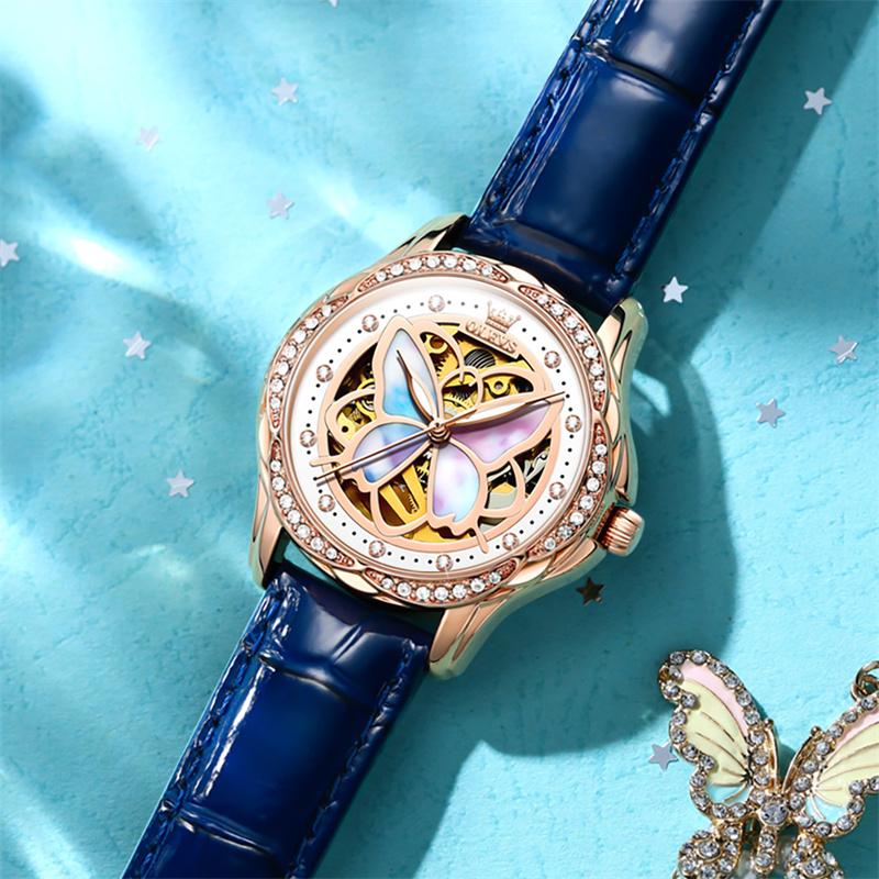 OLEVS Ceramics Women Watches Fashion Colorful Butterfly Dial Automatic Mechanical Watch Top Brand Luxury Ladies Wristwatch Reloj
