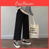 Cusual Women Summer Spring Pants Anklelength Loose Wide Leg Elastic High Waist Black Simple Comfortable Elegant Ladies