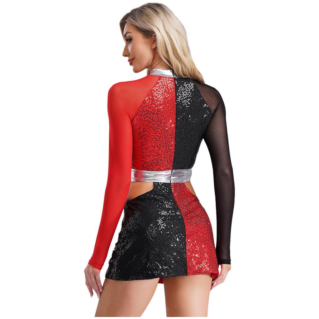 Women‘s 1960s Glitter Sequin Dress Long Sleeve Hollow Out Color Block Mini Sparkle Party Costume for Swinging Night Out