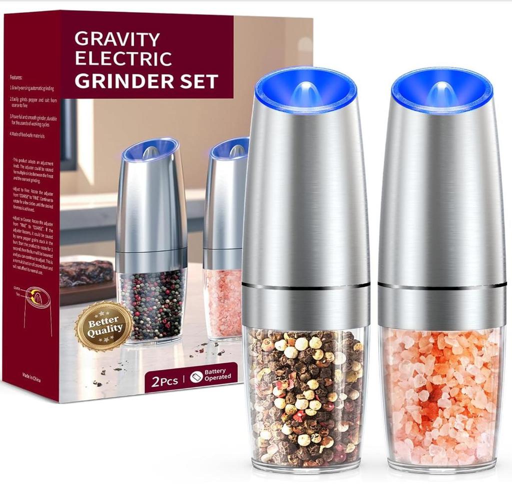 Набор из 1/2 электрических гравитационных мельниц для соли и перца, регулируемая степень помола, питание от батареек со светодиодной подсветкой, управление одной рукой для кухни