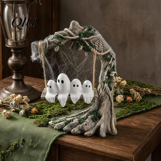 Ancient Tree Spider Web Sculpture Glowing Ghost on Swing Resin Yard Decor, Weatherproof Halloween Outdoor Garden Ornament with Spooky Ornaments Green