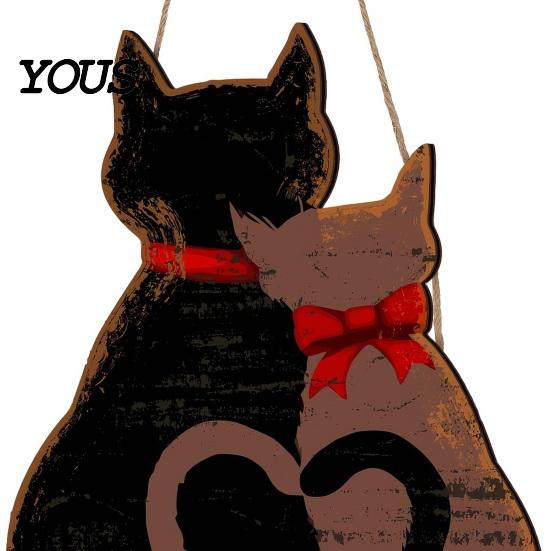 Romantic Holiday Porch Sign Wooden Hanging Welcome for Front Door, Cat Couple Waterproof Plaque Pendant, Rustic Farmhouse Wall Decor Outdoor