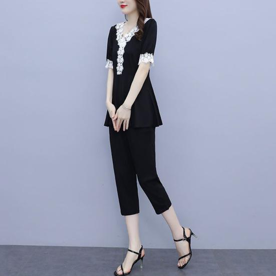 Женский летний повседневный комплект из двух предметов с V-образным вырезом, короткими рукавами, кружевной отделкой, брюками-семь четвертей, женский рабочий наряд