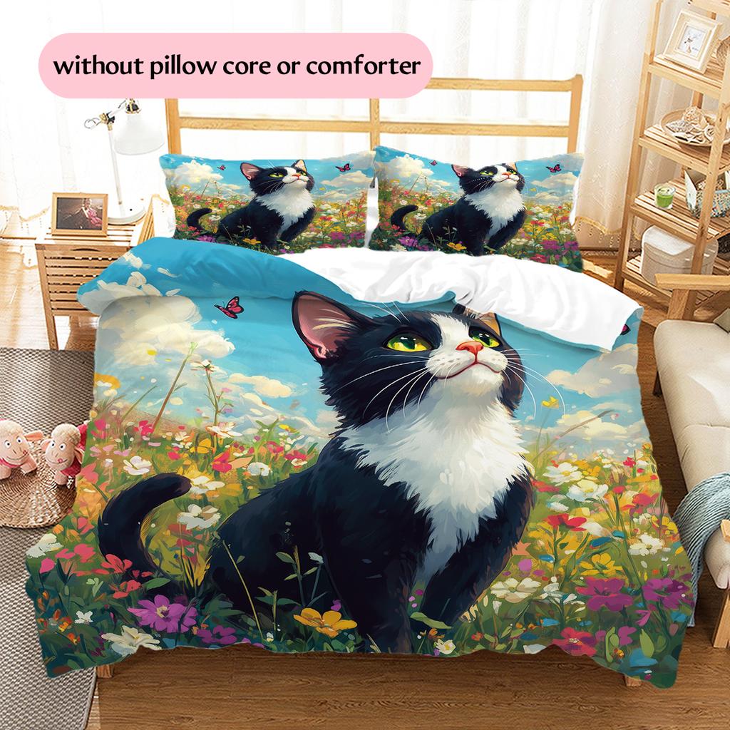 Beautiful Cow Cat Pattern Bedding Home Decoration Birthday Gift (1 * duvet cover + 2 * pillowcase, without core)