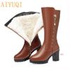 Winter Genuine Leather Women Long Boots Wool Wram  Snow Boots Women High Heel Women's Boots