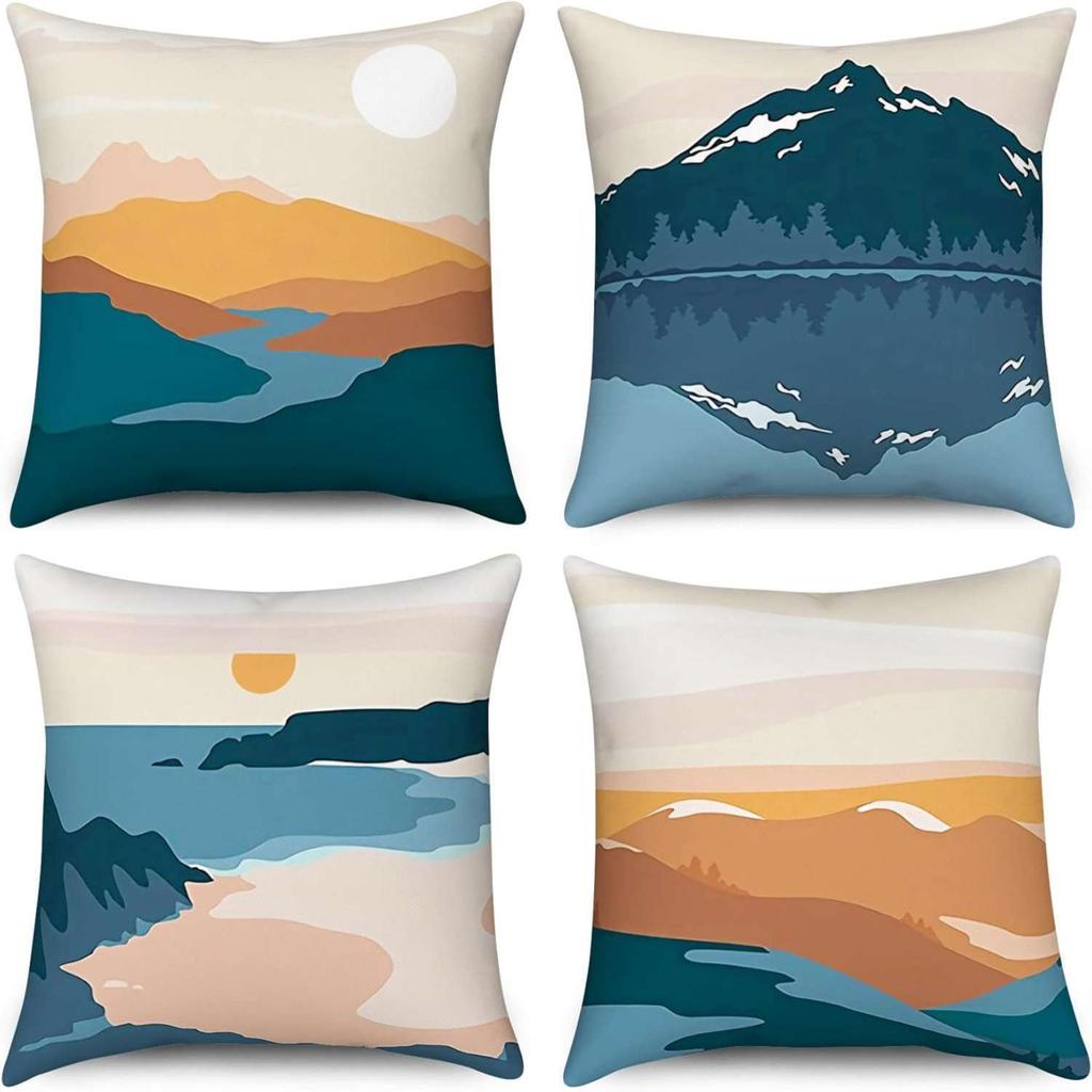 Geometric Sunset Landscape Double-Sided Printed Pillow Cover Short Plush Suitable Living Room Bedrooms Sofas Throw Cushion Cover