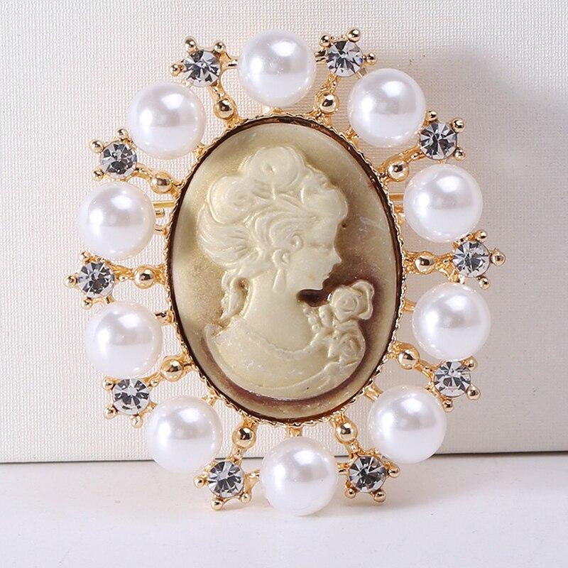 Blucome Vintage Beauty Head Brooch Pearl Pins for Women Coat Suit Bag Hijab Laple Pins New Year Gift