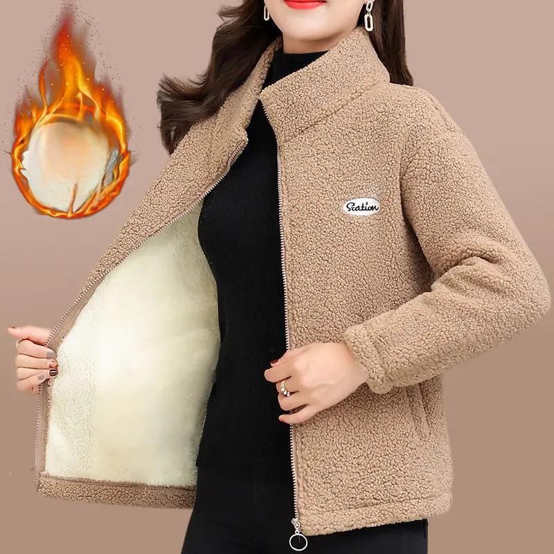 Зимняя куртка из овечьей шерсти для женщин, с флисовой подкладкой, утолщенное хлопковое пальто, модная верхняя одежда для среднего и пожилого возраста