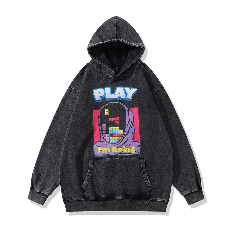 Heavy Terry Hooded Sweater Autumn And Winter Street Trendy Brand Hip Hop Retro Printing Fried Color Hoodie Men