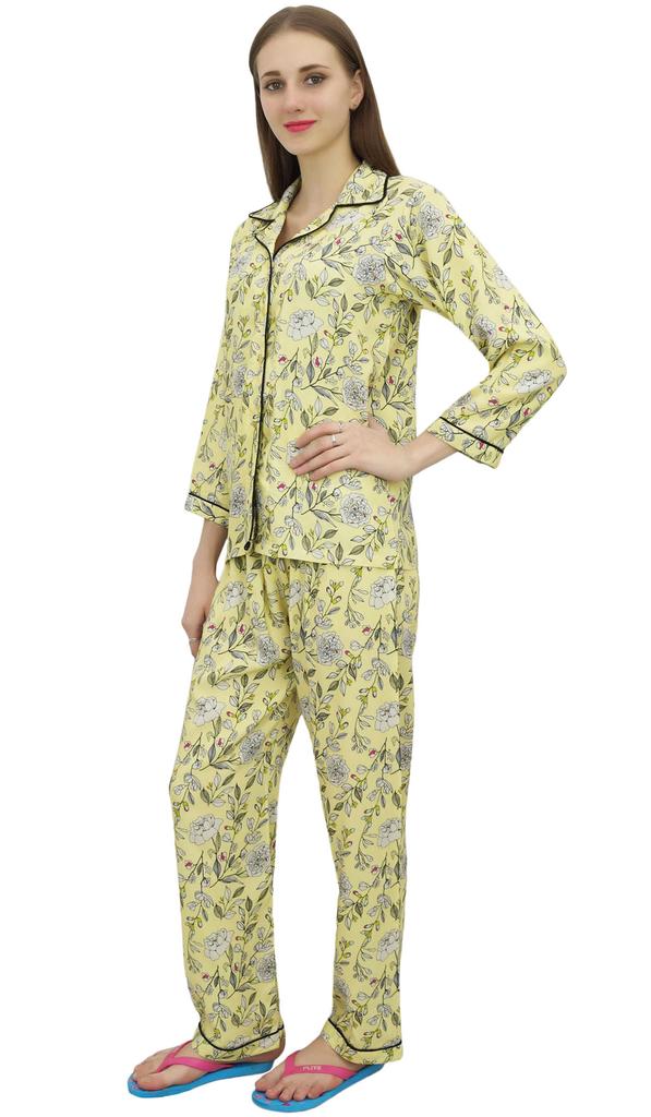 Bimba Button-Down Yellow Shirt Pajama Pant 2 Pcs Floral Print Night Wear