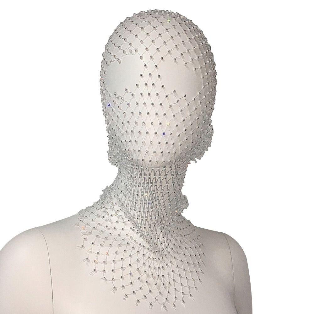 Balaclava Women Fishnet Headhood Cap Shining Diamond Headwrap Rhinestone Headcover Masked Head Mask