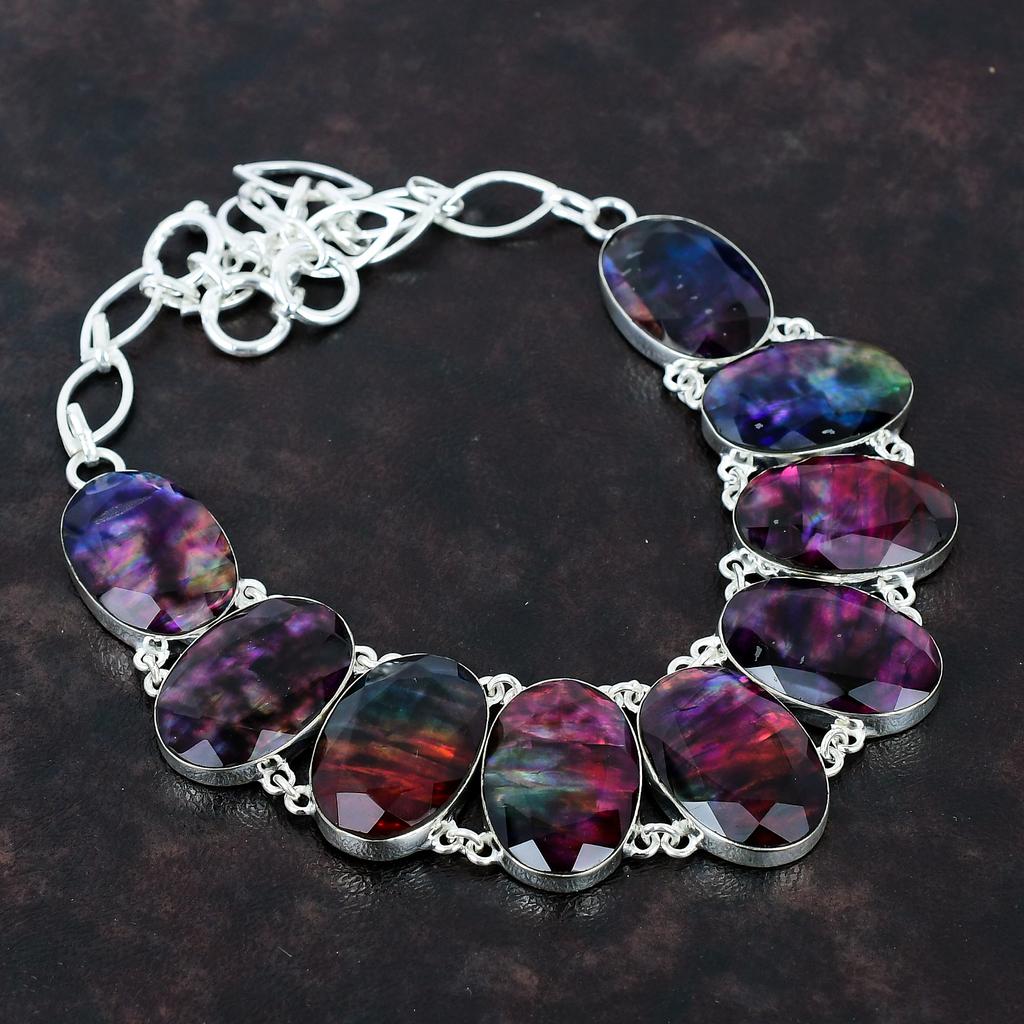 Faceted Ammolite Necklace 925 Sterling Silver Necklace Handmade Adjustable Chain Necklace Gemstone Jewelry Gifts For Wife Brand New Necklace