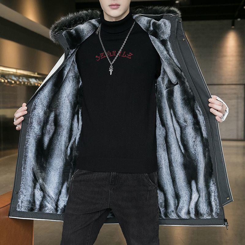 Мужская куртка средней длины с хлопковой подкладкой, плюшевый и утолщенный воротник из большой шерсти, преодолевающий тренд, красивая хлопковая подкладочная куртка с капюшоном для мужчин, зимняя