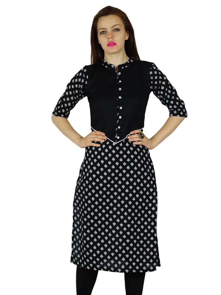 Bimba Women Black Cotton Classic Chic Kurta Kurti 3 4 Sleeve Tunic Formal