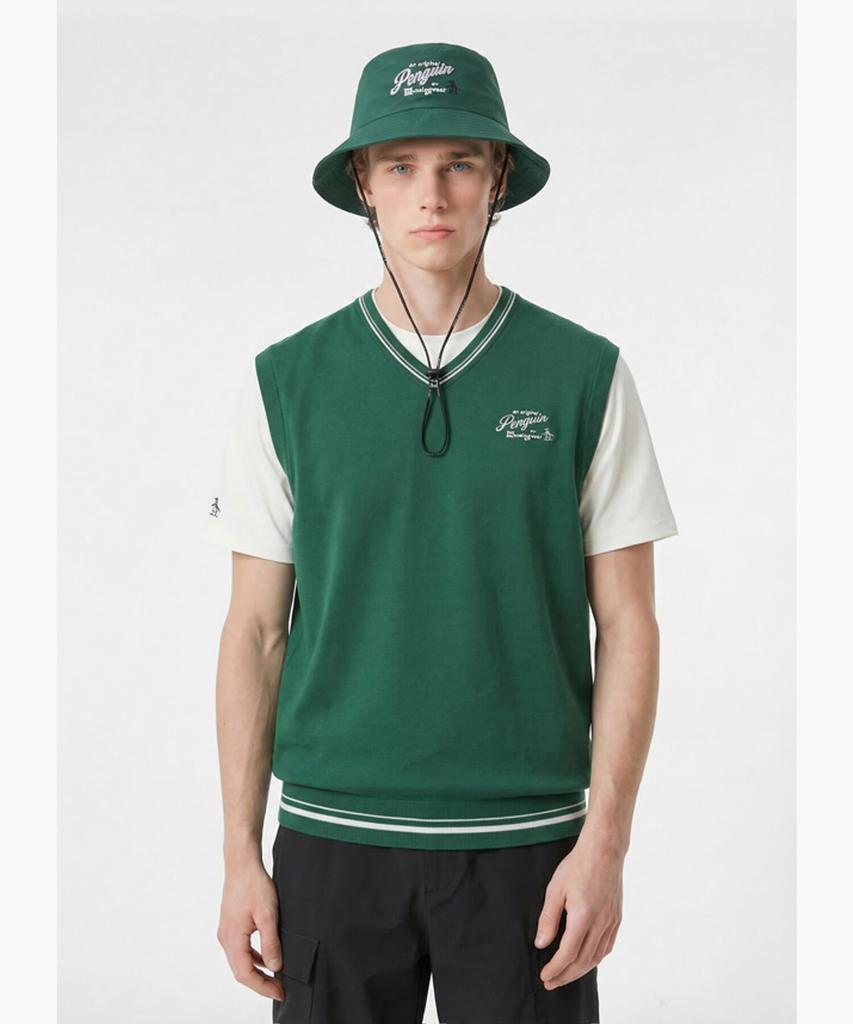 Penguin By Munsingwear Men'S White Graphic Knit Vest Deep Green Mr121Pkv31