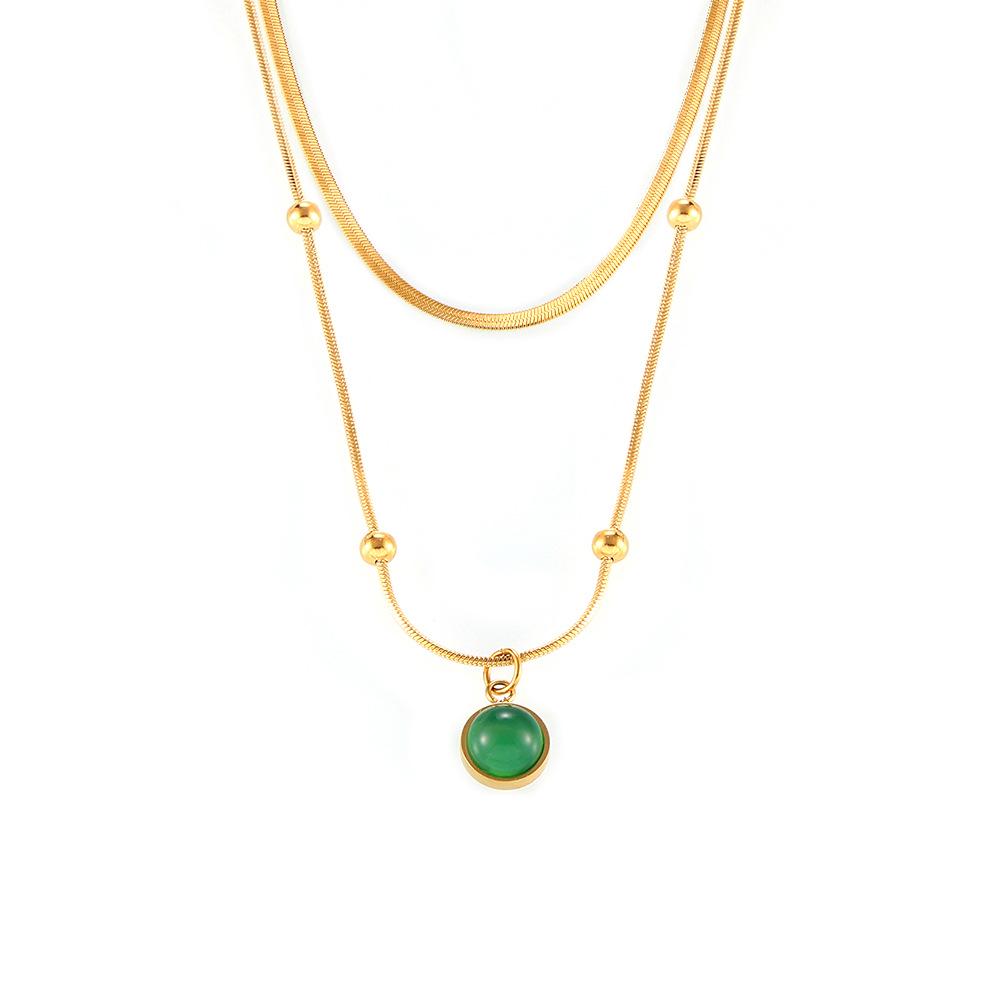 French Minimalist Green Stone Pendant Necklace - Detachable Layered 18k Gold-Plated Stainless Steel Clavicle Chain