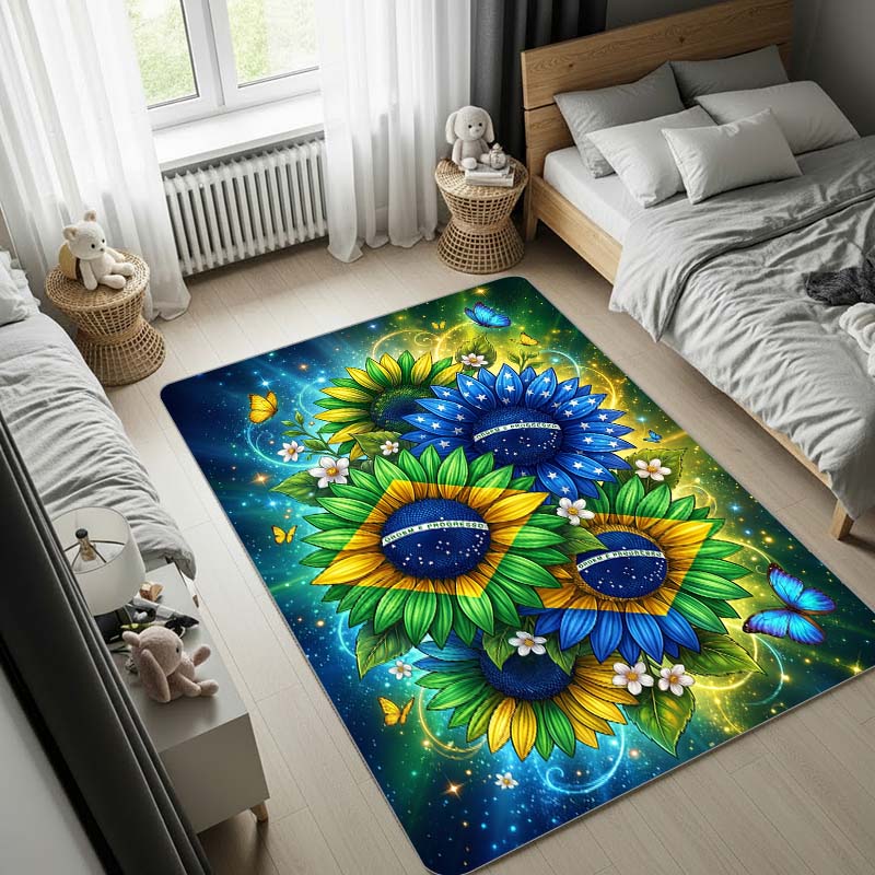 Sunflower Area Rug with Blue Stardust and Butterflies, Magical Galaxy Large Carpet for Bedroom Living Room Home Decor, Soft Floor Mat