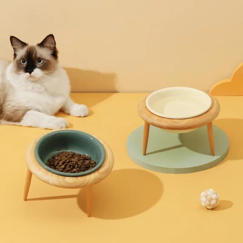 800ml Cat Food Water Bowl with Wood Stand Small Medium Dogs Elevated Drinking Eating Feeder Pet Cat Dog Ceramic Feeding Supplies