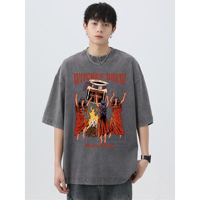 Ведьмы варят кофе Black Magic Washed Retro Мужские топы Свободная уличная футболка Летняя футболка Большие свободные футболки