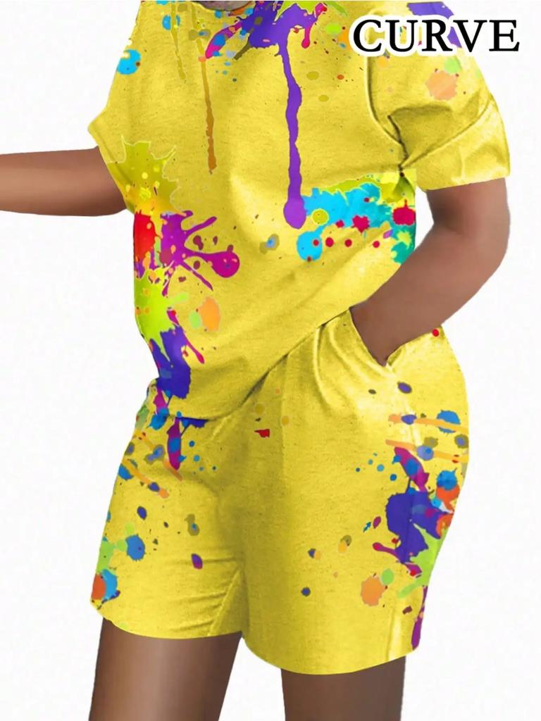 Летние красочные принты женские комплекты из двух частей повседневные футболки с коротким рукавом и круглым вырезом и шорты домашняя одежда шорты с коротким рукавом из двух частей
