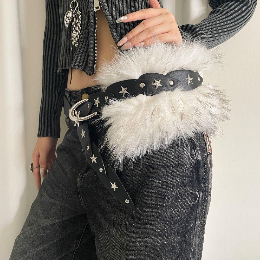 Rivet Furry Fur Belt PU Leather Plush Belt Vintage Y2K Waistband Jeans Decor