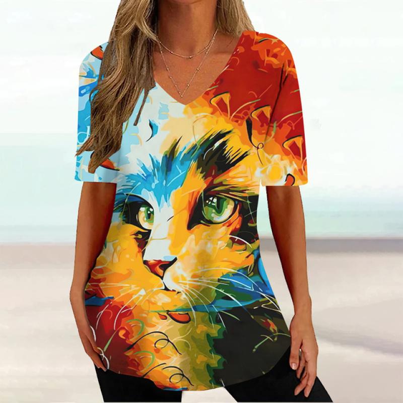 2023 модная женская одежда, топы с короткими рукавами и 3d цветным принтом кошки, повседневные уличные пуловеры, летние женские футболки больших размеров