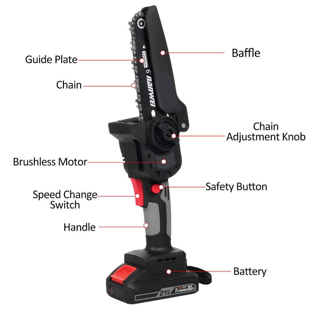 Мини-бензопила 6-дюймовая цепная пила с аккумуляторами 21 В, 2000 мАч Портативная ручная электрическая цепная пила
