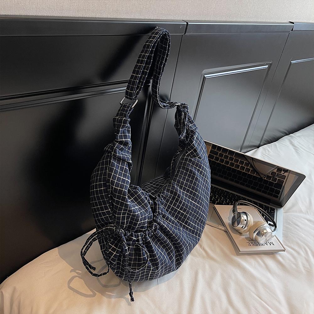 Korean Lazy Cow Horn Bag Large Capacity Canvas Bag Pleated Plaid Commuting Shoulder Crossbody Bag for Women