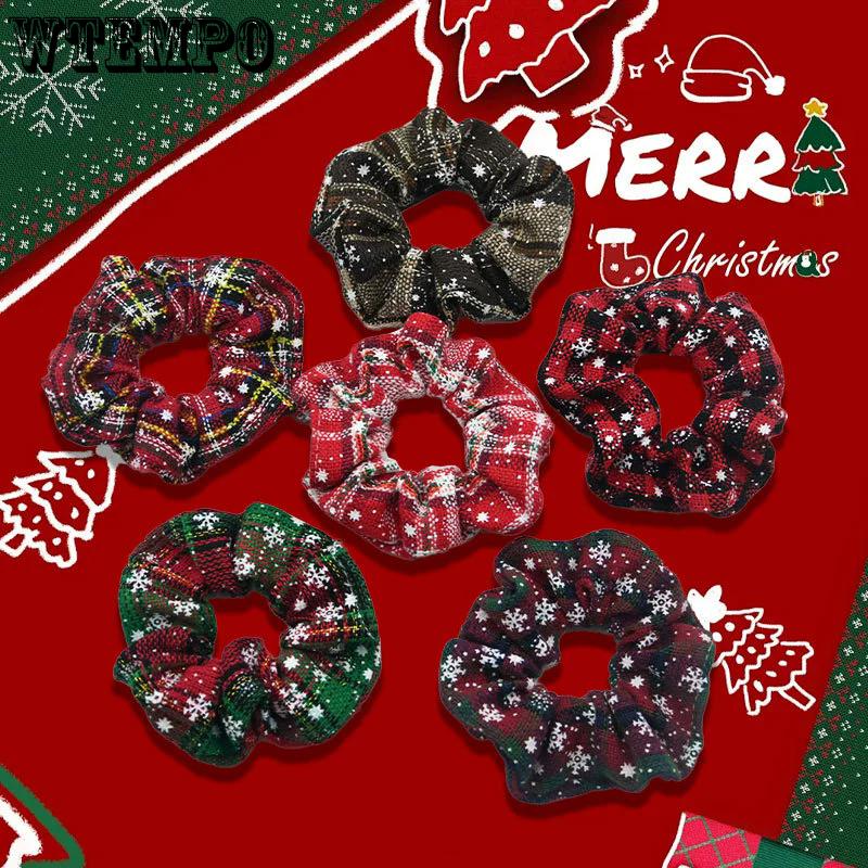 WTEMPO Праздничные рождественские резинки для волос из мягкой клетчатой ткани для праздничной свадьбы, дня рождения, Рождества, с принтами рождественских узоров, эластичный держатель для хвостика