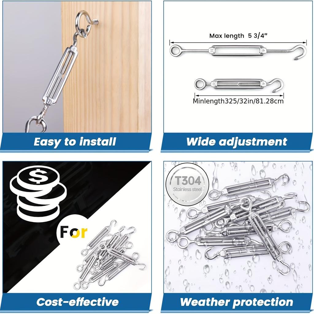 5PCS Stainless Steel 304 OC Type Turnbuckle Hook And Hook CC Type Wire Rope Tension Heavy Duty For Sun Shade Sail Cable Railing