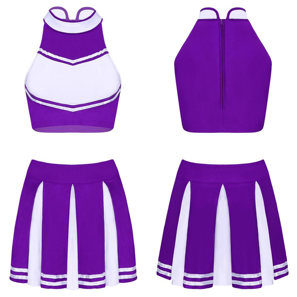 Women Cheer Leader Costume Uniform Cheerleading Adult Cosplay Outfit Crop Top with Pleated Mini Skirt