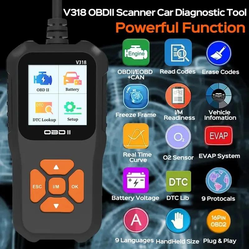 V318 Автомобильный диагностический инструмент – OBD2 сканер с тестом аккумулятора, считыватель кодов неисправностей, поддержка нескольких языков