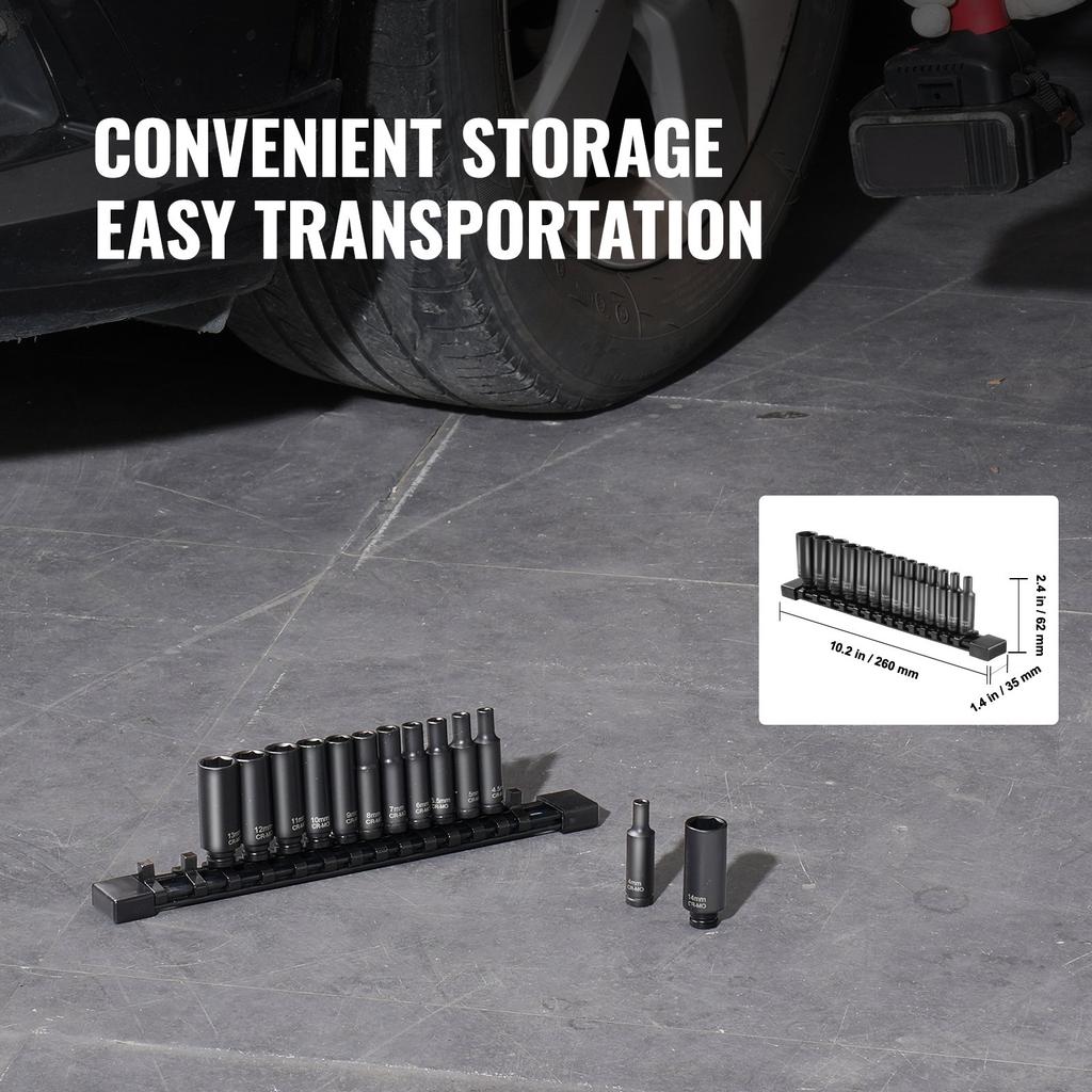 VEVOR 1/4" Drive Impact Socket Set, 14 Piece Deep Socket Set Metric 4-15mm, 6 Point Cr-Mo Alloy Steel for Auto Repair