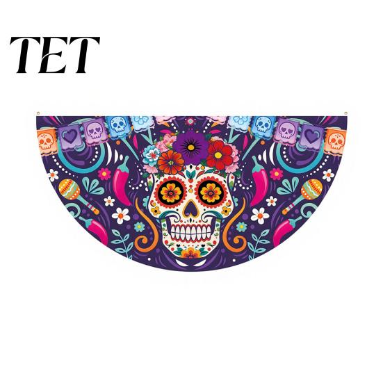 Colorful Cemetery Memorial Flag Day of The Dead Skull Bunting Banner, Marigold Print Fiesta Hanging Flag, Sugar Outdoor Yard Party Decor Floral
