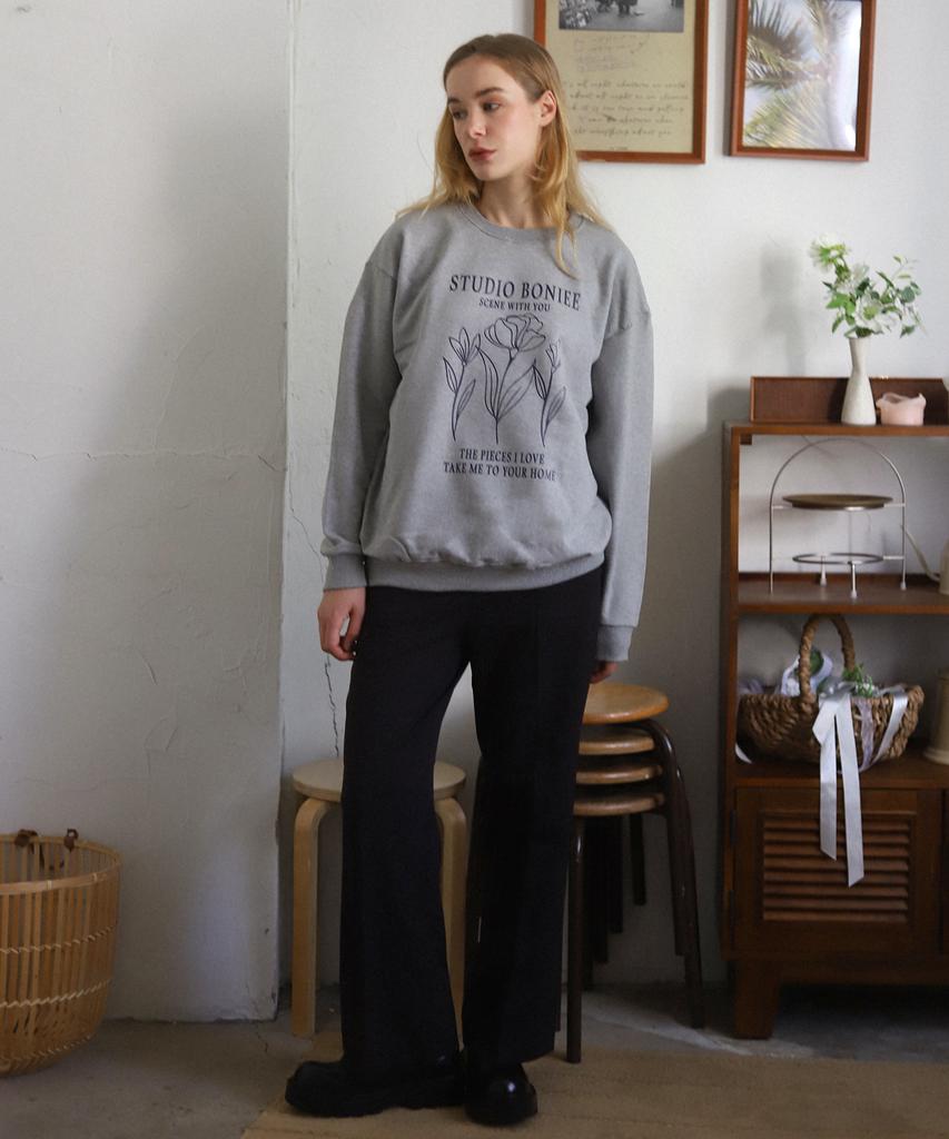 BONIEE [Fleece Lined] Vintage Flower Graphic Oversized Sweatshirt Gray