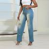 Jeans Women's Ripped Pocket Retro High Waisted Straight Leg Pants
