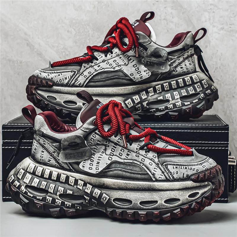 New Exquisite Sneakers Lace Up Color Blocked Breathable Casual Shoes with Increased Height and Thick Bottom Men's Running Shoes