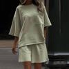2025 Women's Casual Summer Two-Piece Set: Solid Color Round Neck Short Sleeve Top & Elastic Waist Sports Shorts