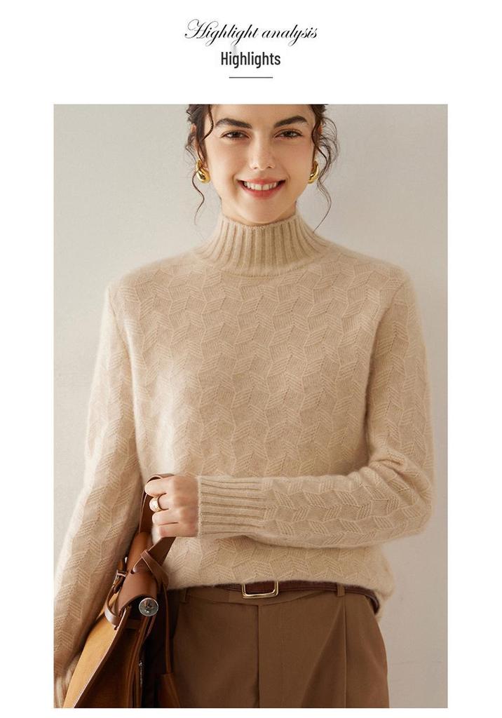 Twisted Flower Half-High Collar Cashmere Knit Sweater - Women's Solid Color, Long-Sleeve, Versatile Pullover, Comfortable Base Layer.