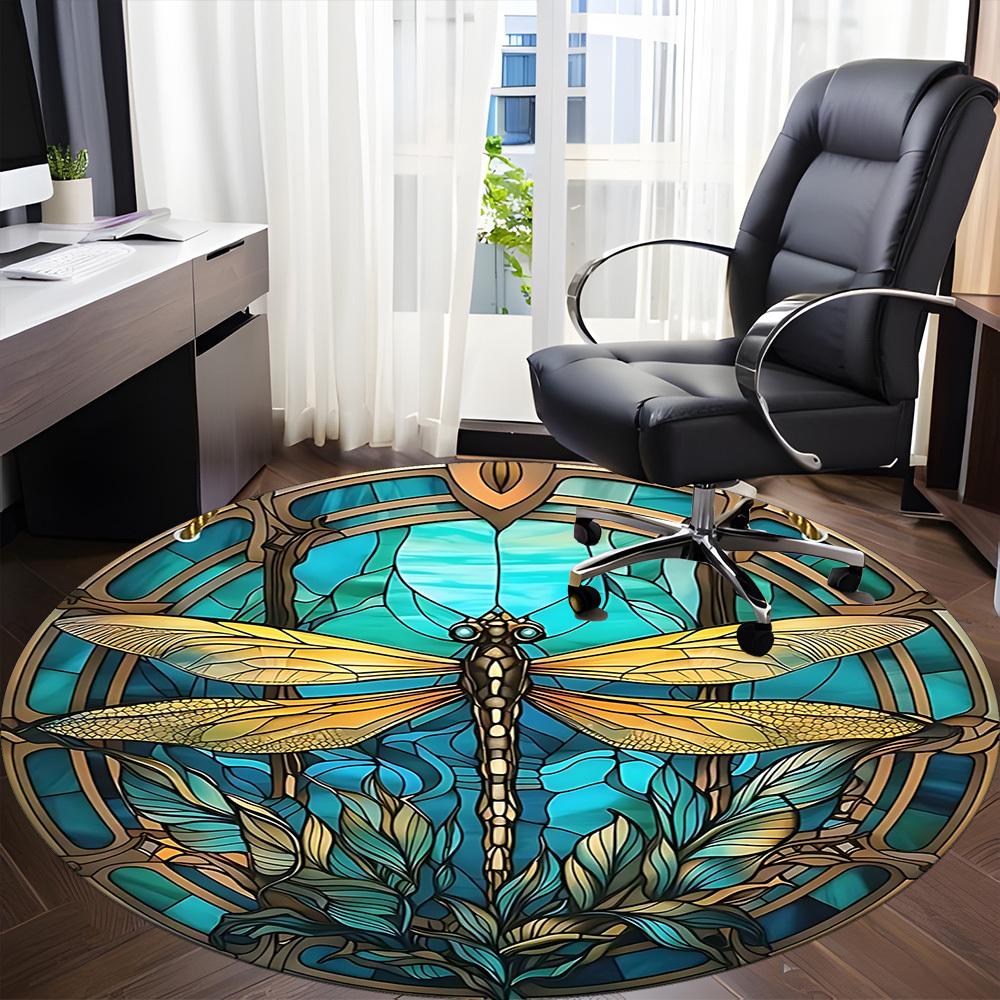 1PC Dragonfly StainedGlass Office Round Area Rug,  Mat Suitable ForOffice, Under Office Chairs Bedroom Living Room Home Decor, Room Deco