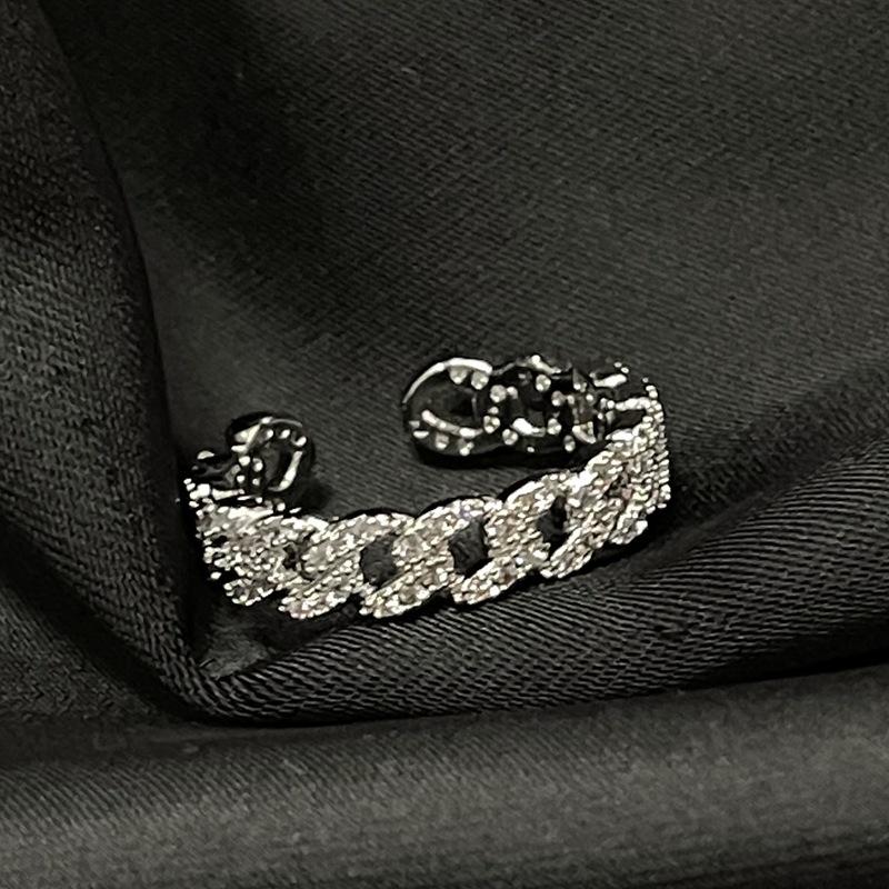 Cuban Chain Inlaid Zircon Full Diamond Open Ring Light Luxury High Sense Pair Ring Niche Design Stacked Ring
