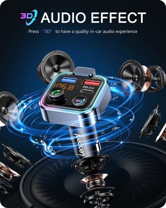 Transmetteur Fm Bluetooth Voiture, Allume Cigare Bluetooth 5,3 Émetteur Fm Radio, Chargeur Rapide De Voiture Pd 30W &amp; Qc3,0 A