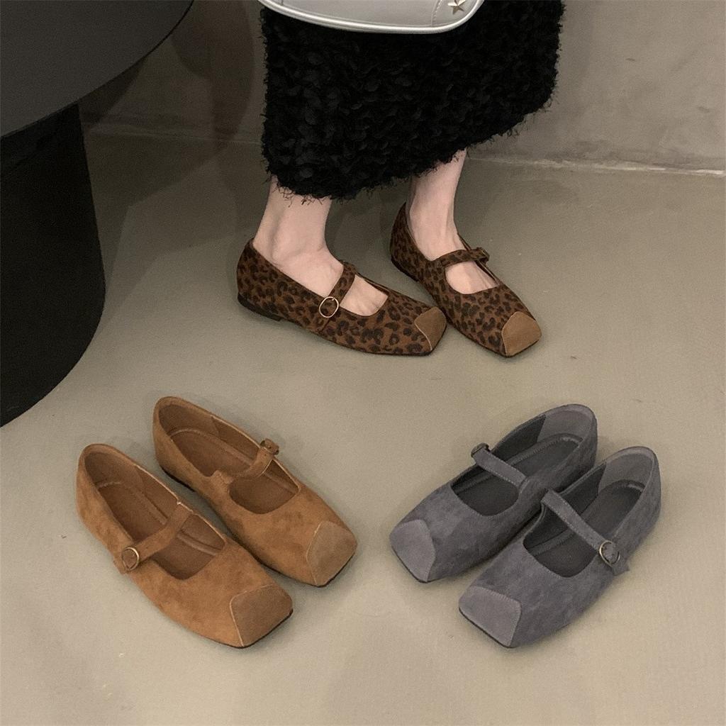 Туфли Мэри Джейн в стиле ретро на плоской подошве, женская обувь, весна и осень 2024, новый нишевый дизайн, леопардовый принт, светлый рот, квадратный нос, одинарные туфли