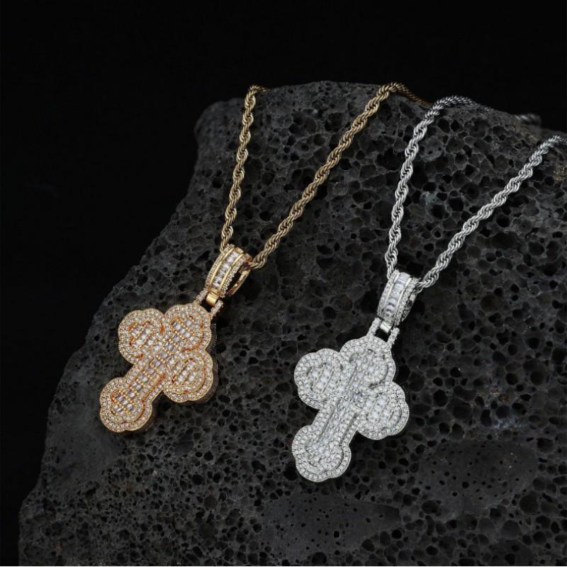 Hip Hop Cross Pendant Necklace With Zirconia Inlay Double Layer Twisted Chain Trendy Statement Jewelry